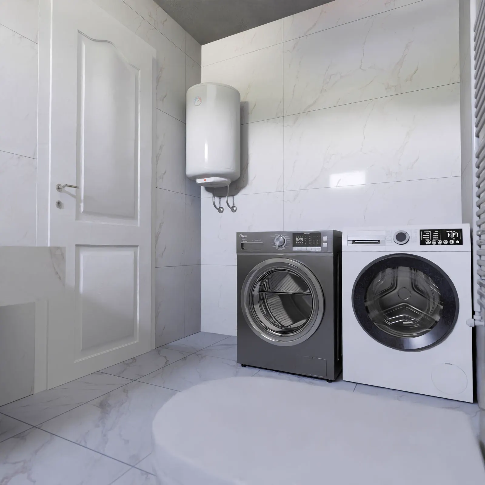 Laundry room with a washer, dryer and wall mounted water heater